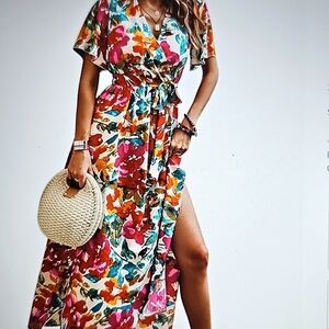 New CCTOO Colorful V Neck Short Sleeve Flowy Maxi Dress w Side Slit & Belt XL
